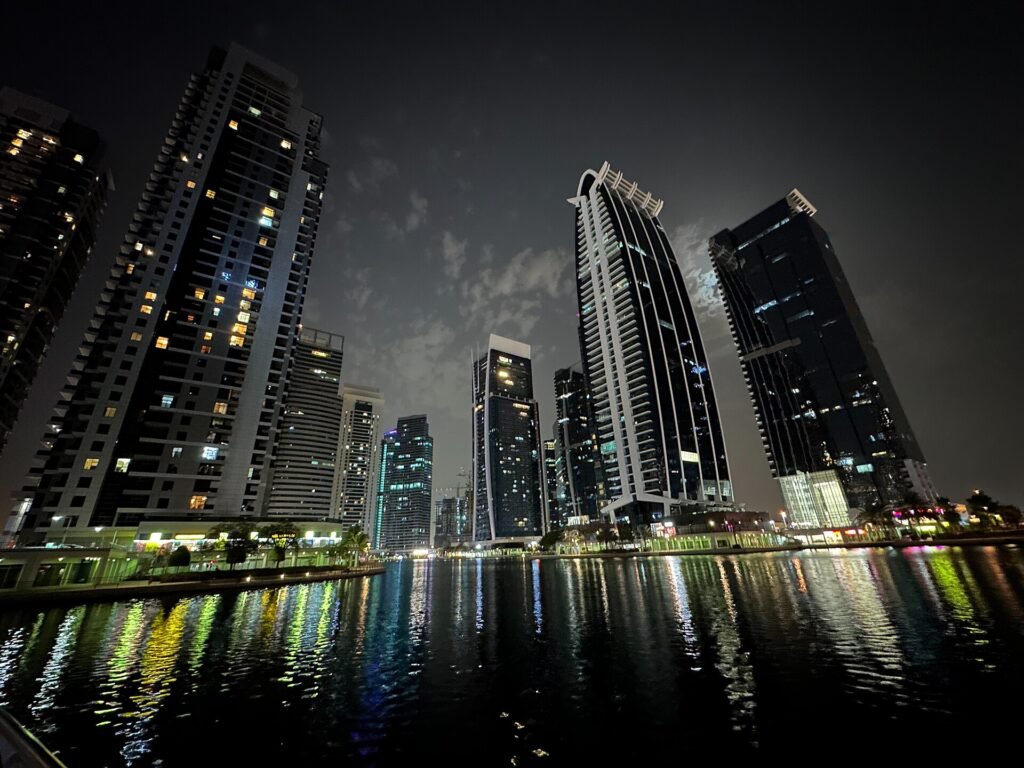 Jumeirah Lakes Towers at night, the DMCC free zone district in Dubai