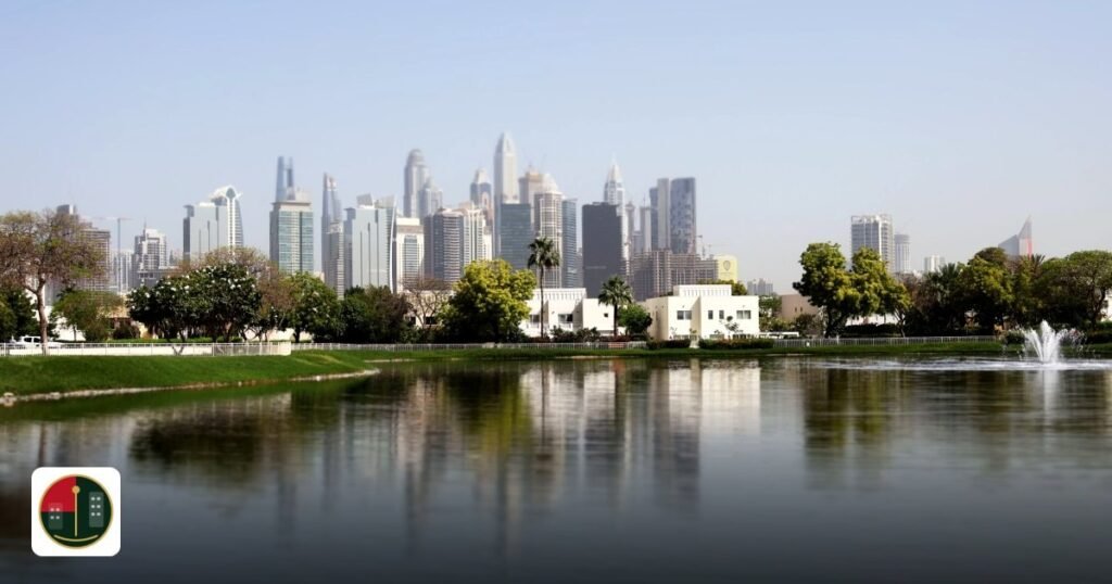 Family Office Licence Cost Compared 2026: DIFC vs ADGM vs DWTC - a serene view of skyline reflected on a calm lake with lush