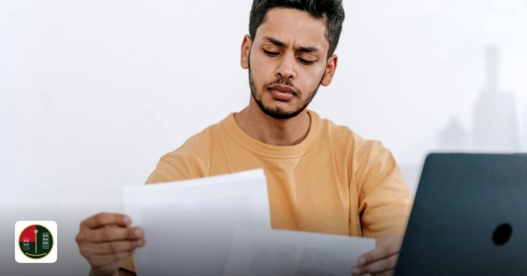 Ras Al Khaimah Free Zone Company Formation - attentive young bearded male remote worker examining papers with results