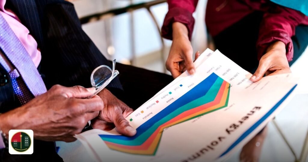 what are the requirements for company registration in dubai - two professionals reviewing detailed energy consumption charts