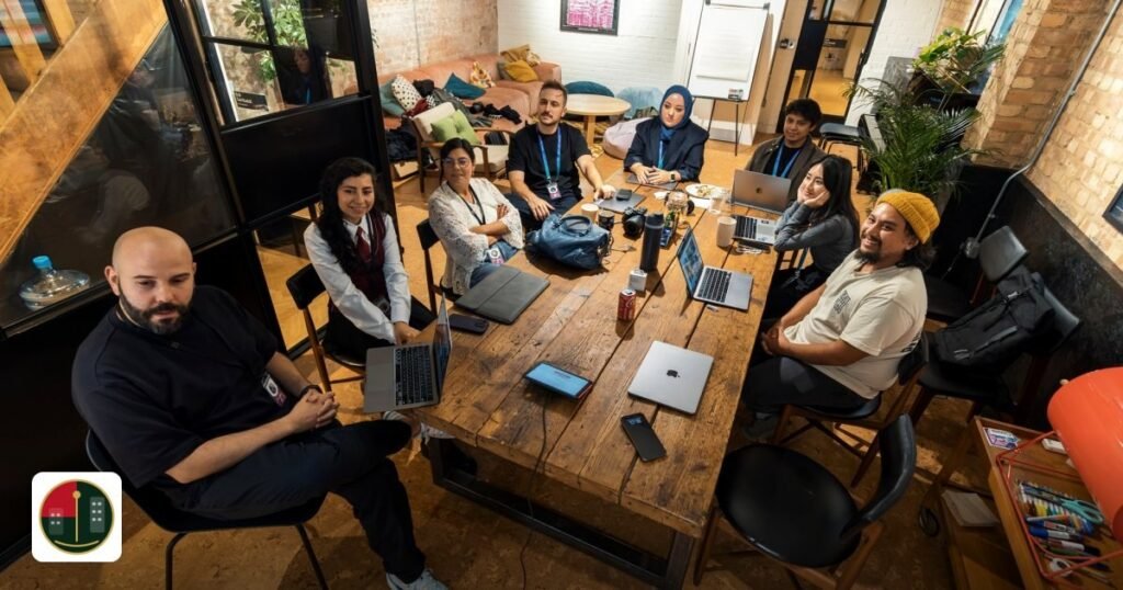 Shams vs SPC Free Zone: Media and Freelancers - a group of diverse professionals collaborating in a modern office setting