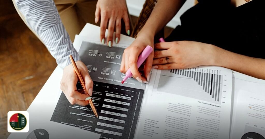 Compare UAE Free Zones Side by Side: Visas and Banking - hands working on financial data analysis with charts and graphs,